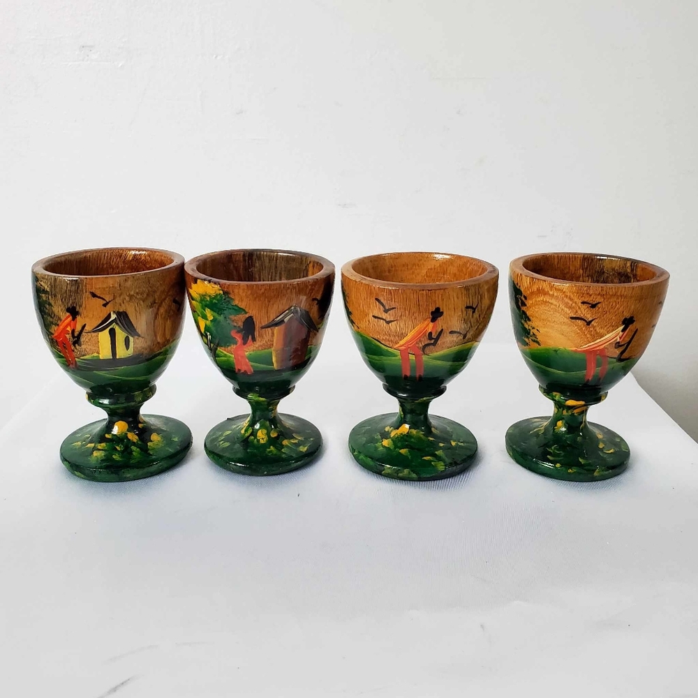 Bundle Of 4 Vintage Hand Painted Hand Turned Wooden Egg Cup